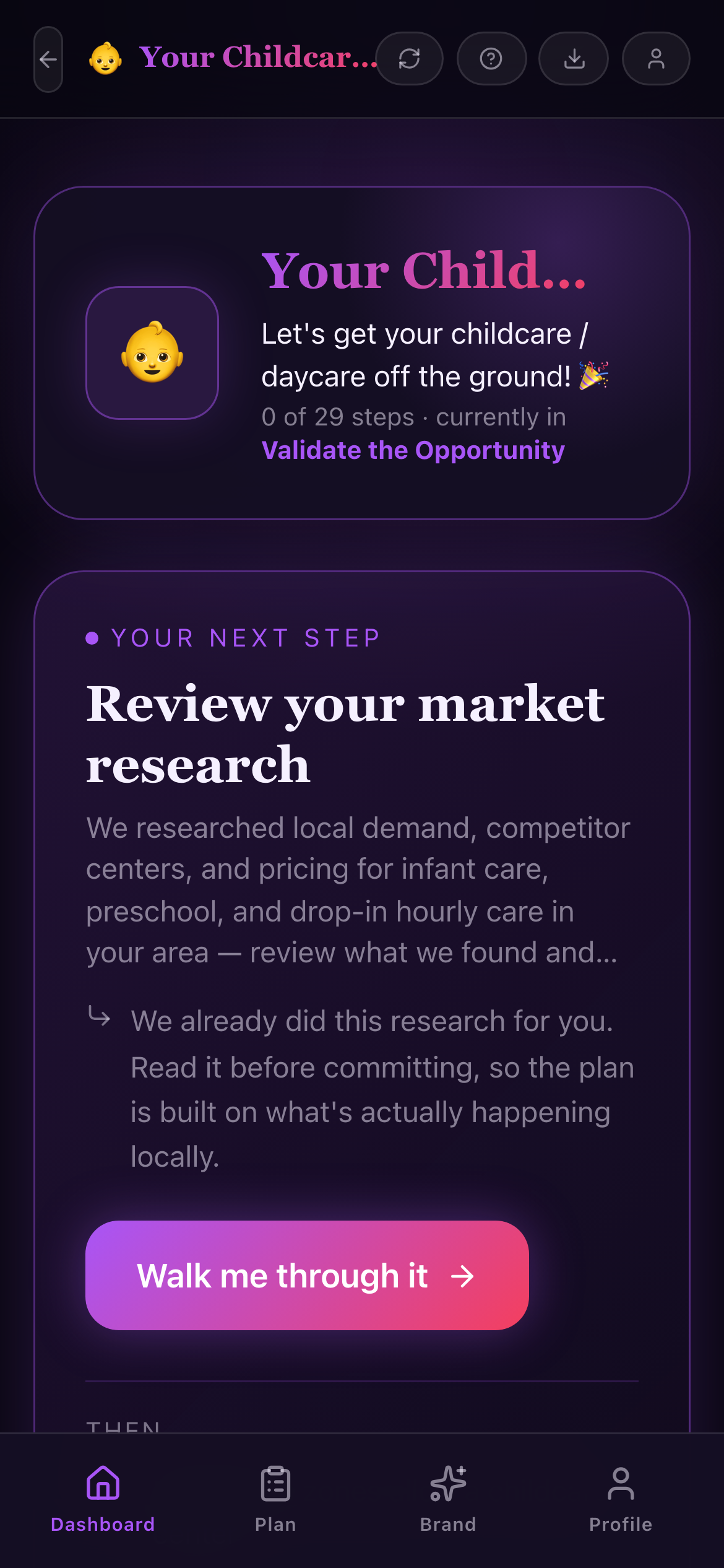 The Offramp dashboard on a phone, showing the next step: review your market research